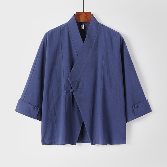 Herren Leinen-Kimono-Jacke mit traditionellem Knotenverschluss und mittel-langen Ärmeln Shop Nory