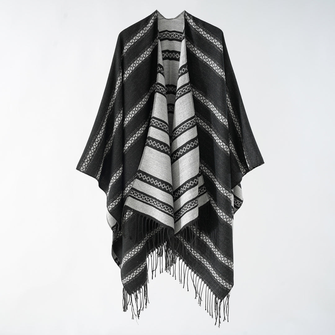 Damen Langer Webponcho im Cape-Stil mit Streifen-Jacquard und Fransen Shop Nory