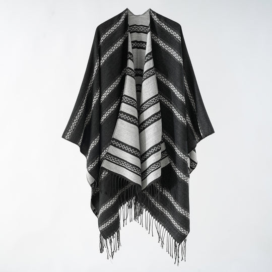 Damen Langer Webponcho im Cape-Stil mit Streifen-Jacquard und Fransen Shop Nory