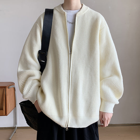 Unisex Oversize-Rippstrick-Cardigan mit Zwei-Wege-Reißverschluss und minimalem Stehkragen Shop Nory