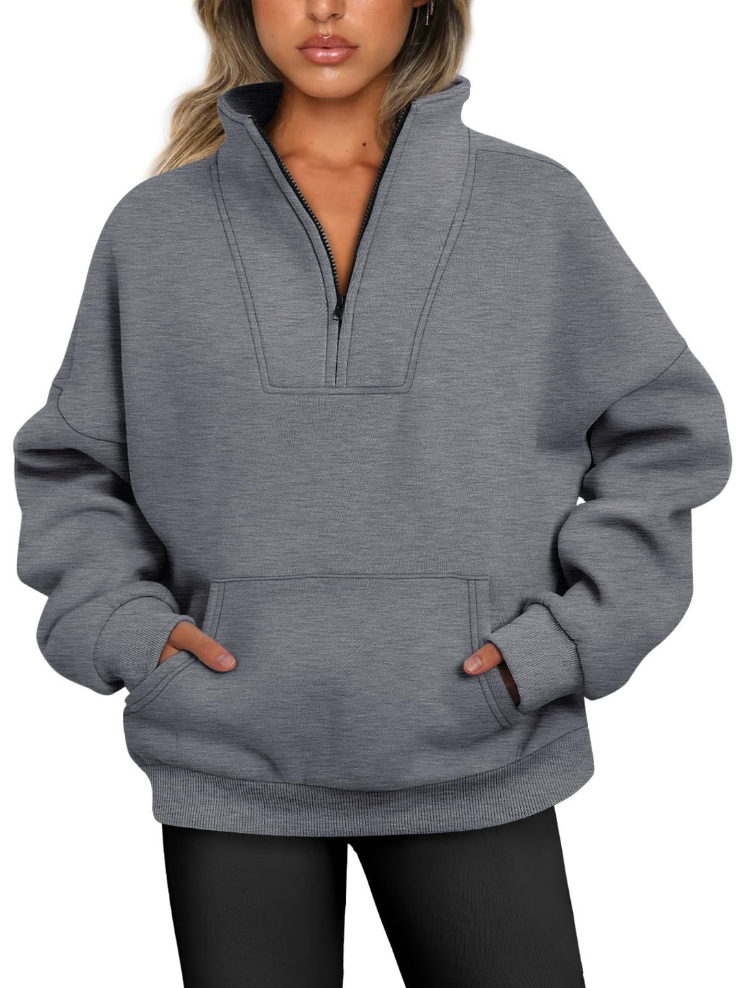 Damen nan oversized Halbzip-Hoodie mit hohem Stehkragen, Kängurutasche und gerippten Bündchen Shop Nory