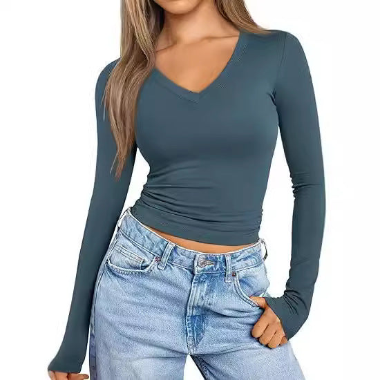 Damen Figurnahes Langarm-Cropped-Shirt mit V-Ausschnitt und elastischem Taillenbund Shop Nory