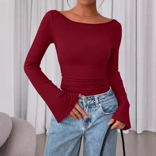 Damen Enganliegendes Langarm-Oberteil mit Carmen-Ausschnitt, Taillenraffung und ausgestellten Ärmeln Shop Nory