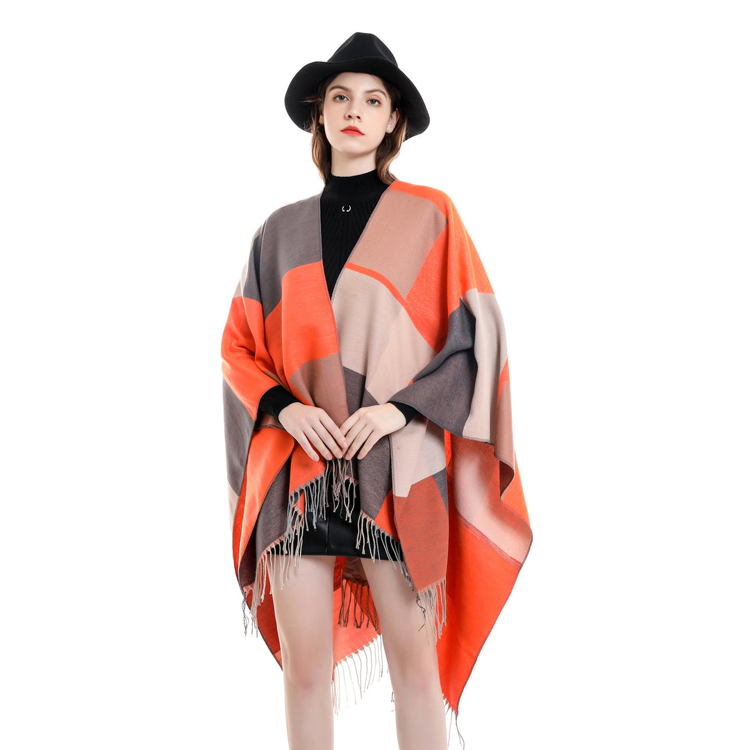 Damen Leichter Webruana mit geometrischem Blockmuster und Fransensaum Shop Nory