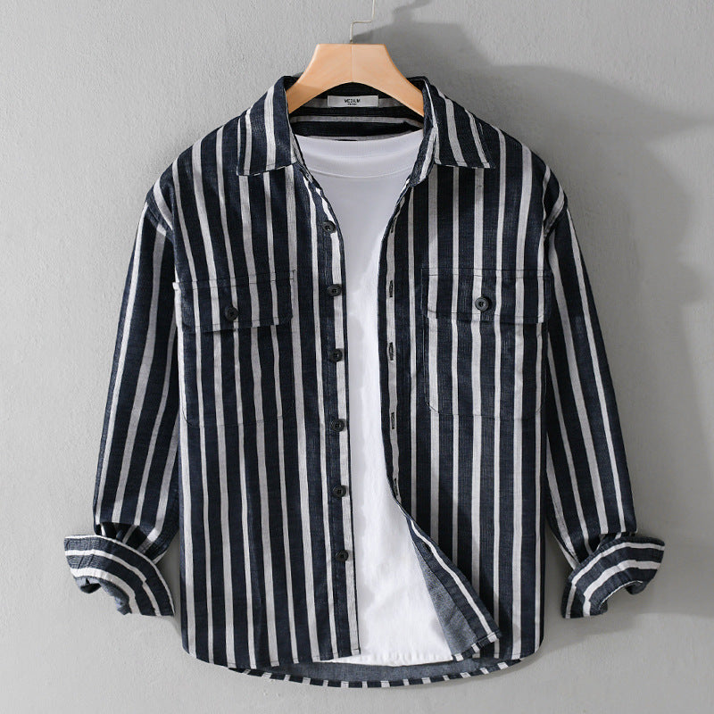 Herren Hemdjacke mit vertikalen Streifen, aufgesetzten Brusttaschen und leichter Baumwollstruktur Shop Nory