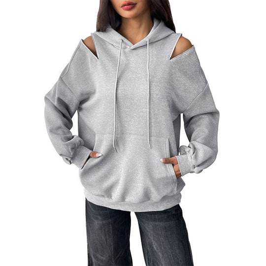 Damen Lässiger Kapuzenpullover mit Schulteröffnungen, Kängurutasche und gerippten Bündchen Shop Nory