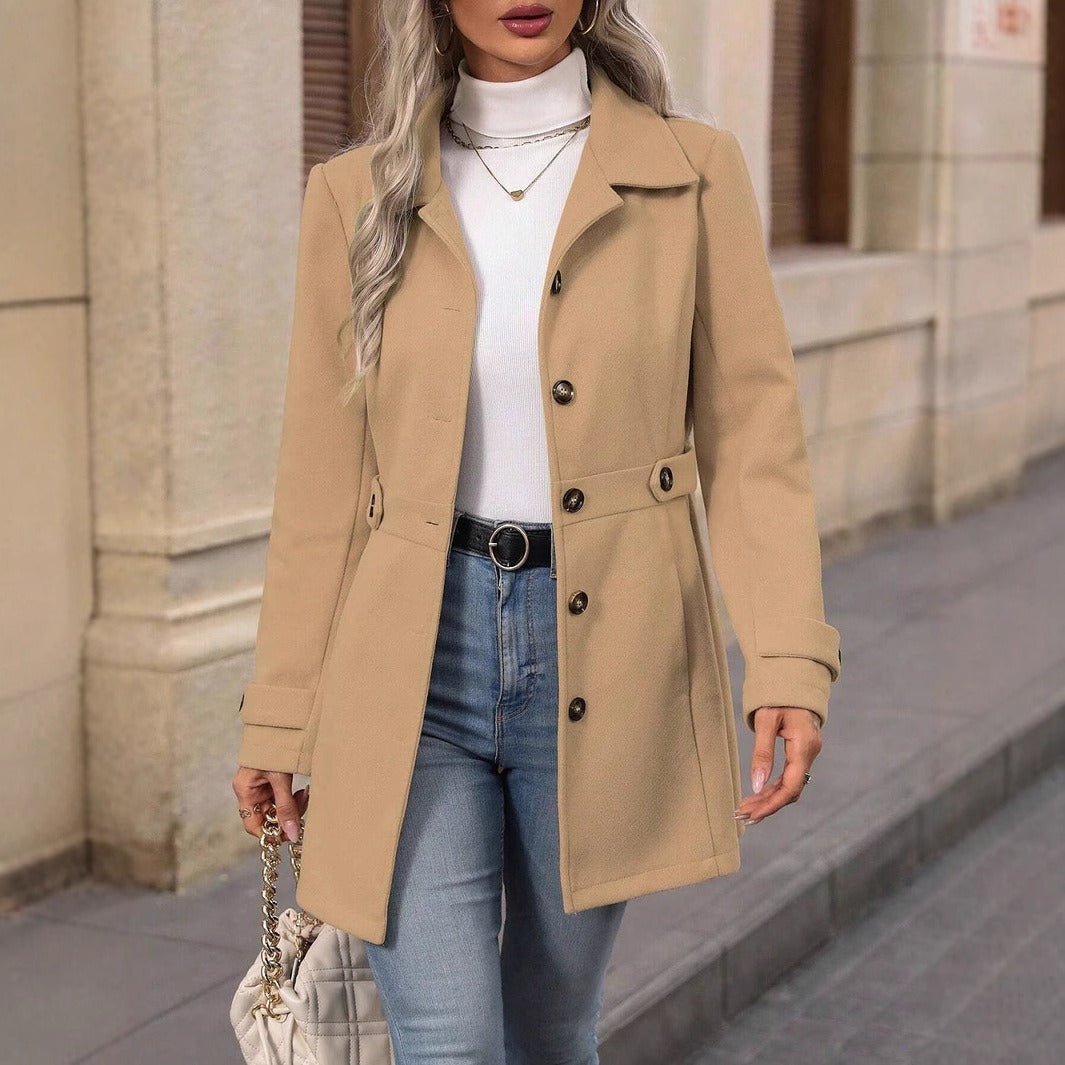 Damen taillierter knöpfbarer Kurzmantel mit Reverskragen und Gürtel-Details Shop Nory