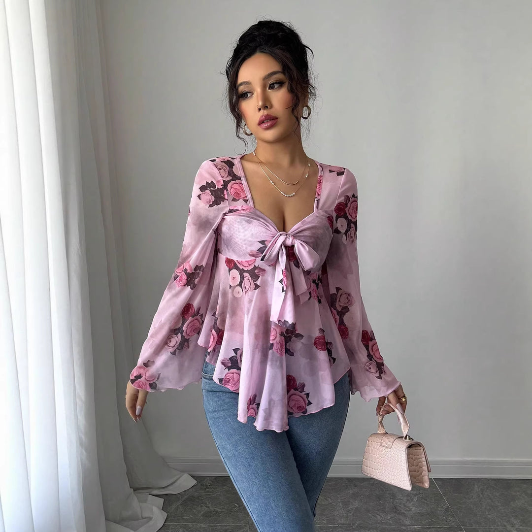 Damen Transparente Chiffon-Babydoll-Bluse mit Knotenfront und floralem Allover-Print Shop Nory