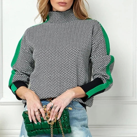 Damen Feinstrickpullover mit geometrischem Jacquardmuster, Stehkragen und Kontrastband Shop Nory