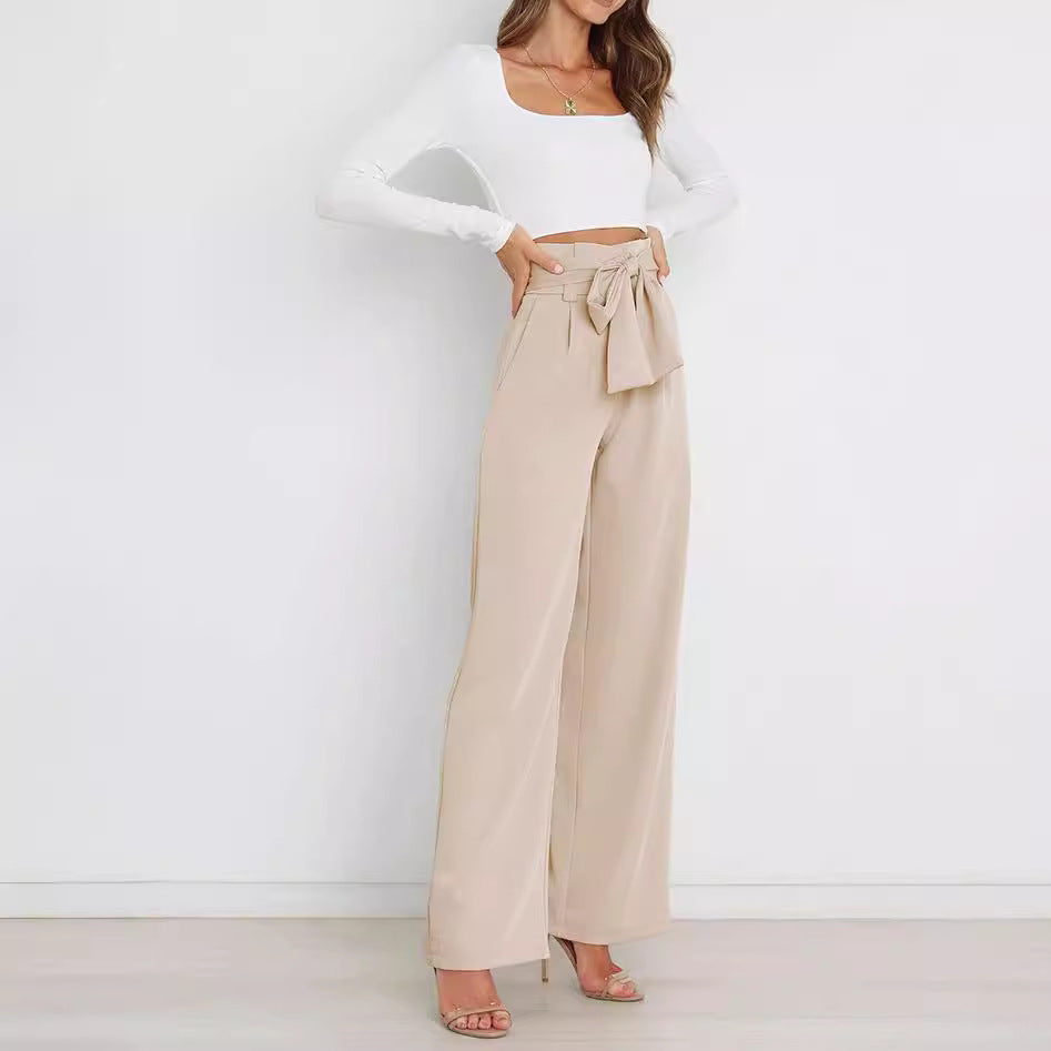 Damen hochtaillierte Paperbag-Hose mit weitem Bein und Taillengürtel Shop Nory