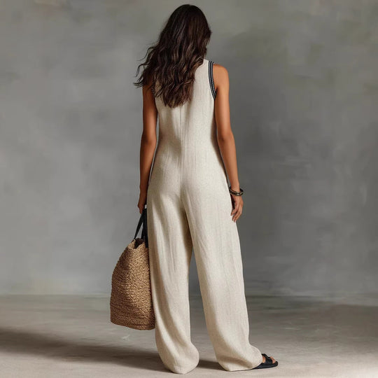 Damen luftiger Jumpsuit mit elegantem V-Ausschnitt und besticktem Kragen