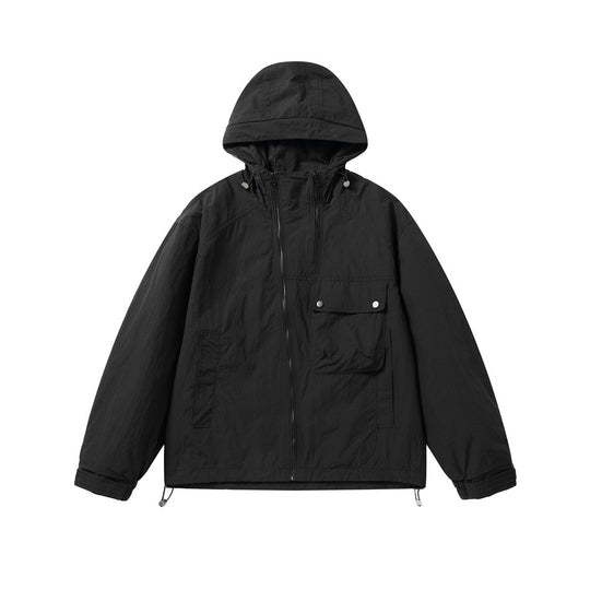 Unisex Leichte Boxy-Windjacke mit Kapuze, Utility-Brusttasche und Kordelzug Shop Nory