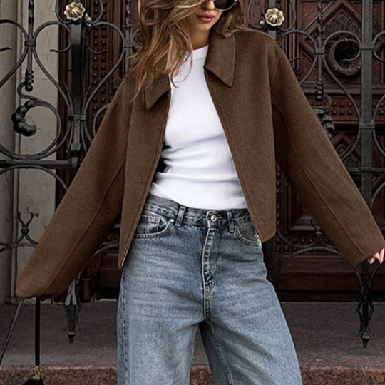 Damen nan kurzer kastiger Wollmix-Bomber mit Hemdkragen und verdecktem Reißverschluss Shop Nory