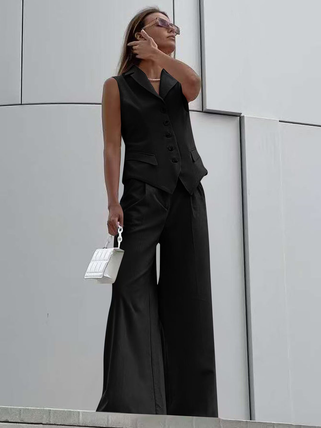 Damen Ärmelloses Tailoring-Zweiteiler mit taillierter Weste und weiter Marlenehose Shop Nory