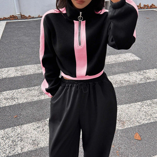 Damen kurzes Sweatshirt mit Halbreißverschluss und elastischer Bund Jogginghose Set Shop Nory
