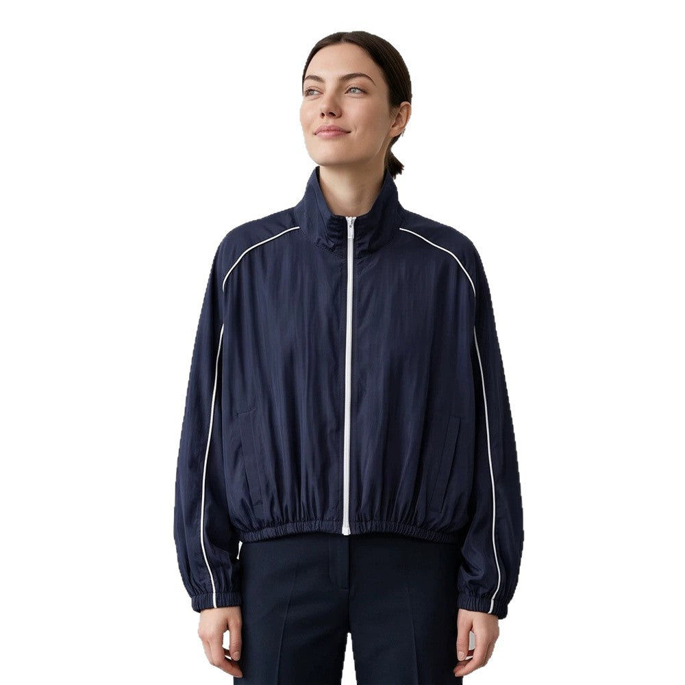 Damen Leichte sportliche Trackjacke mit Stehkragen, Kontrastpaspel und elastischem Bund Shop Nory