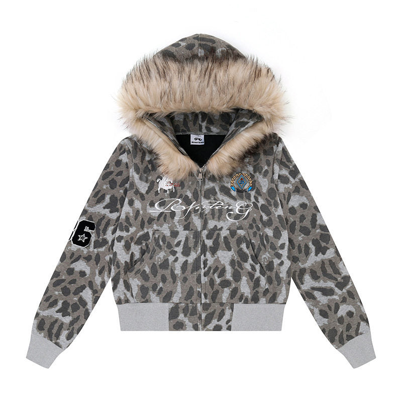 Damen Kapuzen-Sweatjacke mit Kunstfellbesatz, Leo-Allover und Reißverschluss Shop Nory