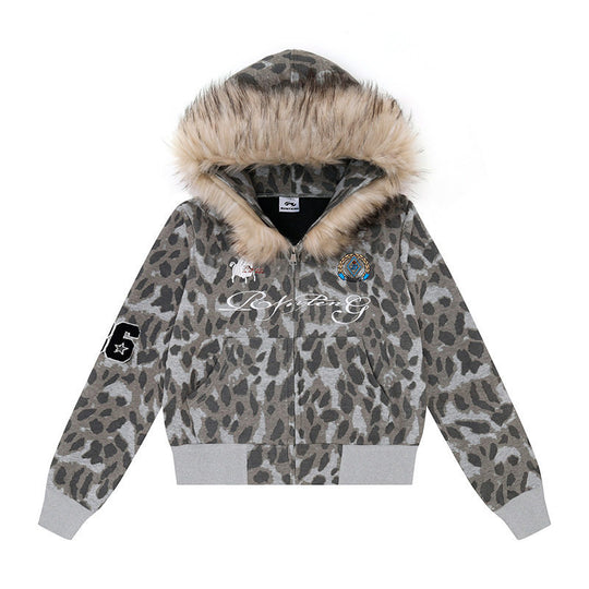 Damen Kapuzen-Sweatjacke mit Kunstfellbesatz, Leo-Allover und Reißverschluss Shop Nory