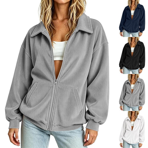 Damen Gerippte Zip-Jacke mit Hemdkragen und Kängurutasche Shop Nory
