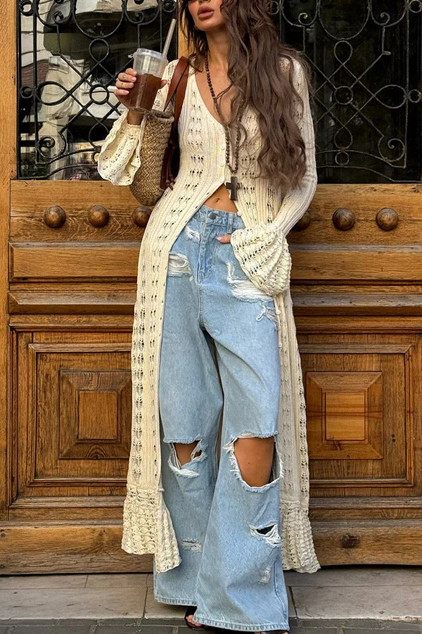 Damen Langer Häkelstrick-Cardigan mit Glockenärmeln und Offener Front Shop Nory