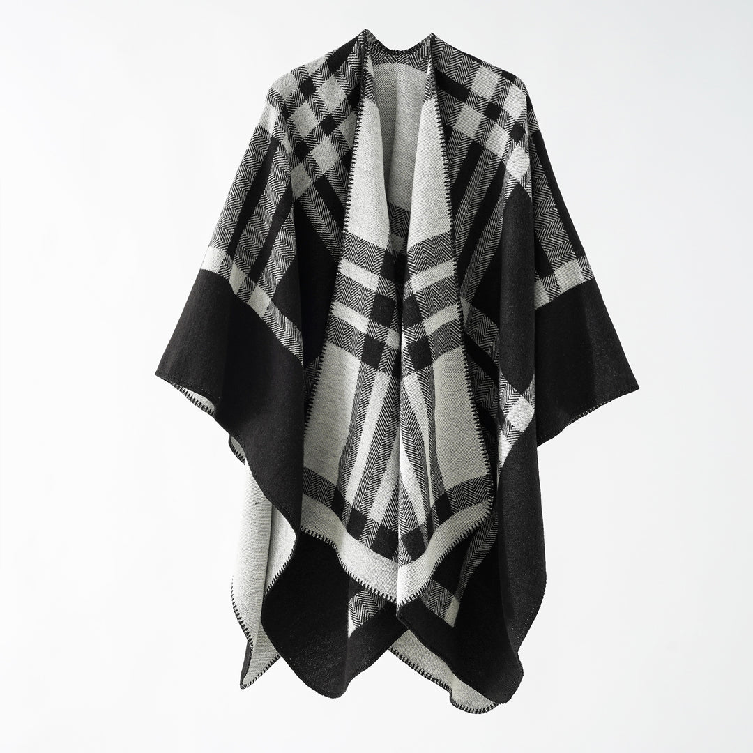 Damen Wendbarer Wollmix-Poncho mit geometrischem Karomuster und Ziernaht Shop Nory