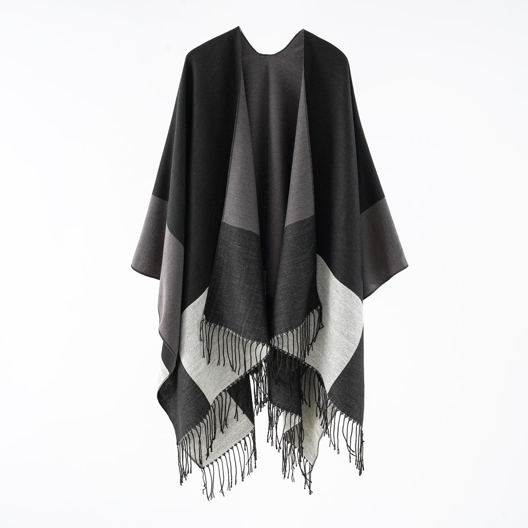 Damen eleganter Wollmix-Capeponcho mit grafischem Blockmuster und Fransen Shop Nory
