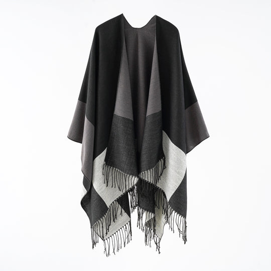 Damen eleganter Wollmix-Capeponcho mit grafischem Blockmuster und Fransen Shop Nory