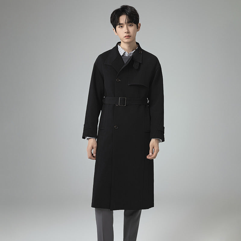 Herren Langer moderner Trenchcoat aus leichtem Twill mit verdeckter Knopfleiste und Taillenriegel Shop Nory