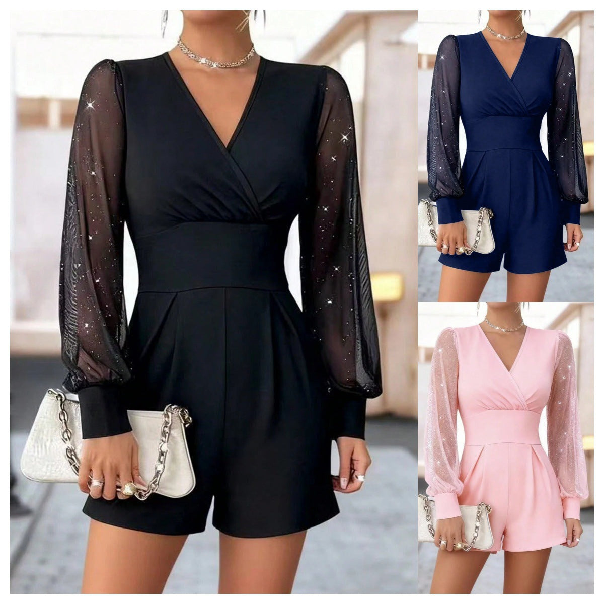 Damen eleganter Jumpsuit mit transparenten Puffärmeln und V-Ausschnitt