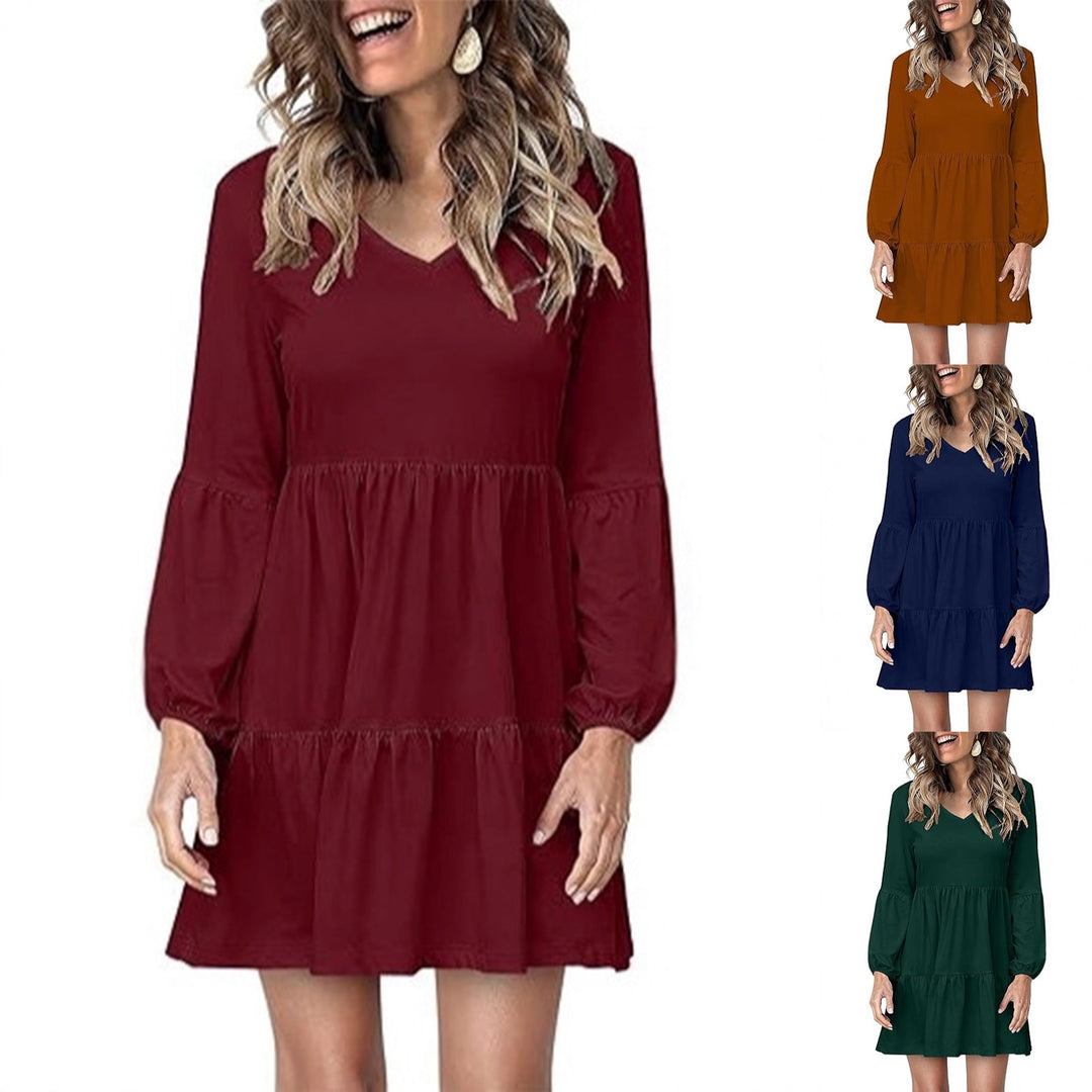 Damen Stufiges Mini-Kleid mit V-Ausschnitt und Ballonärmeln Shop Nory