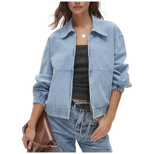 Damen Leichte Cropped-Jeansjacke mit Gummibündchen und Reißverschluss Shop Nory