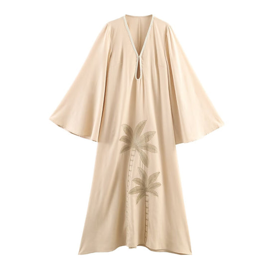 Damen Maxikleid-Kaftan mit Trompetenärmeln und Palmenstickerei Shop Nory