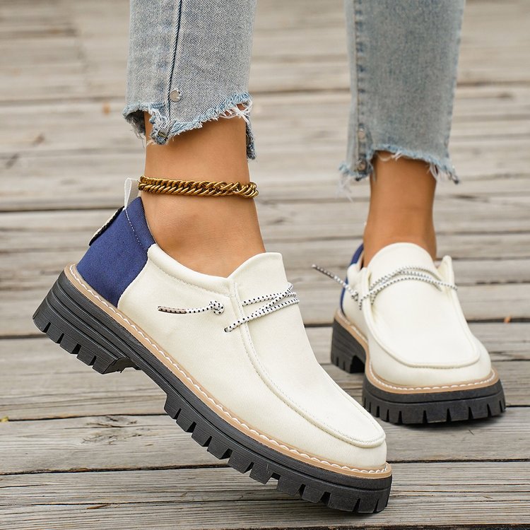 Damen Modische Slipper-Loafer mit grober Profilsohle, Canvas-Obermaterial und dekorativer Kordel Shop Nory