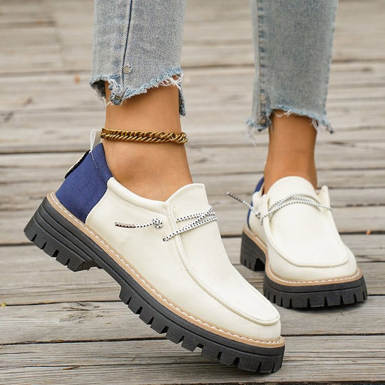 Damen Modische Slipper-Loafer mit grober Profilsohle, Canvas-Obermaterial und dekorativer Kordel Shop Nory