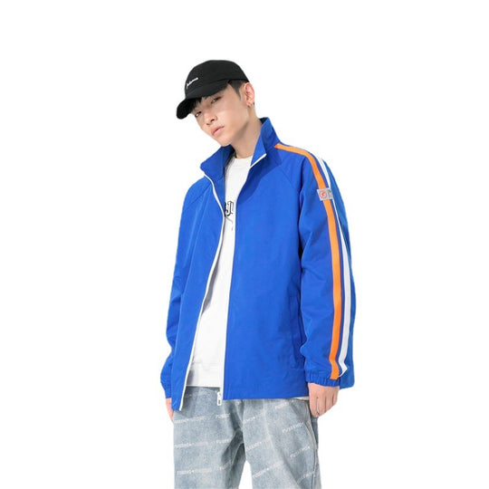 Herren Locker geschnittene Trackjacke mit Stehkragen, kontrastierenden Streifenärmeln und elastischen Bündchen Shop Nory