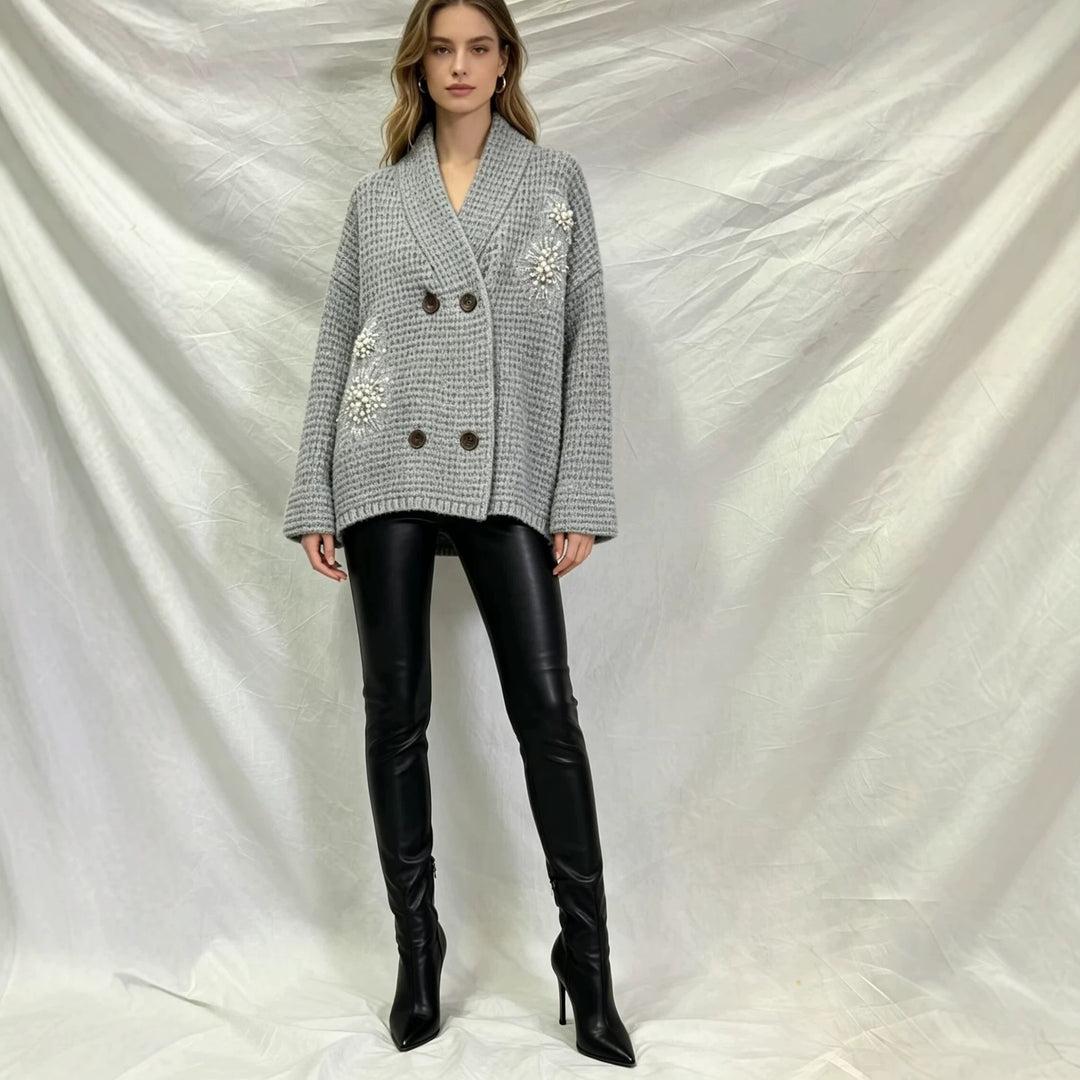 Damen Waffel-Strick-Cardigan mit doppelreihiger Knopfleiste und Schmuckapplikation Shop Nory