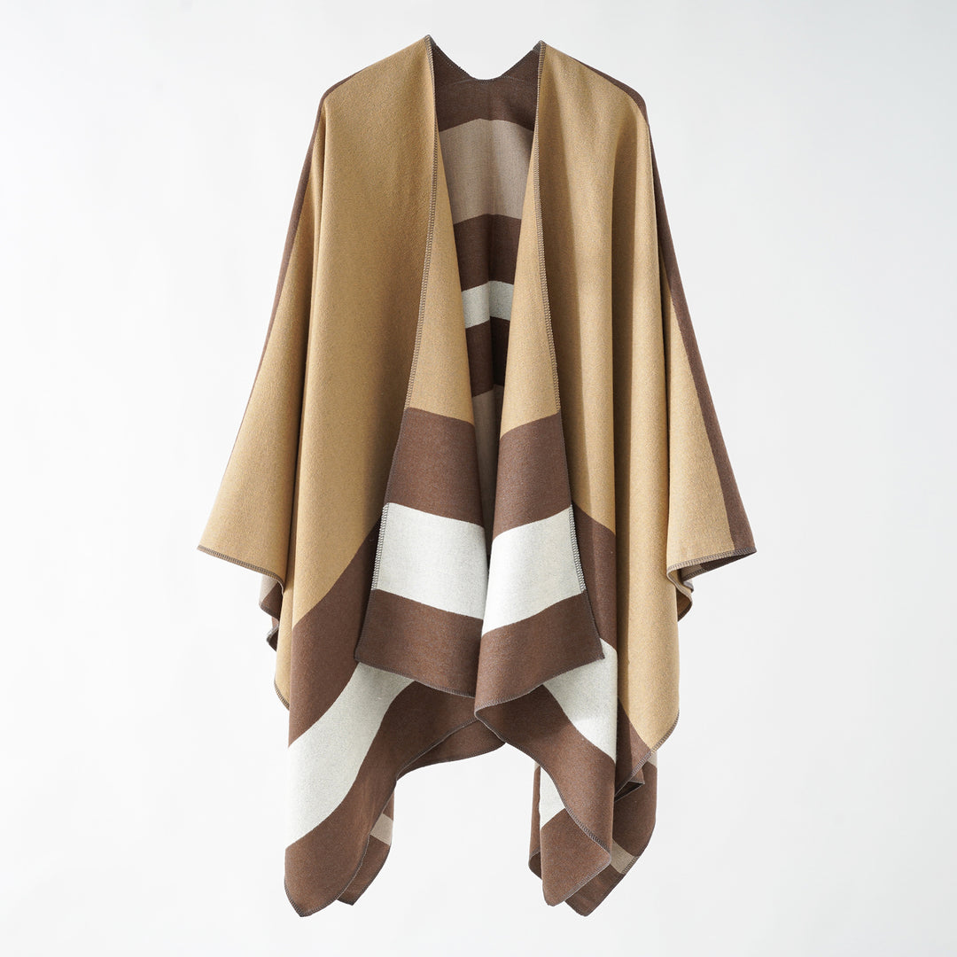 Damen Oversize-Ruana im Cape‑Stil aus Wolloptik mit geometrischen Blockstreifen Shop Nory
