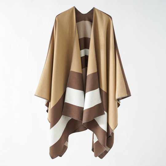Damen Oversize-Ruana im Cape‑Stil aus Wolloptik mit geometrischen Blockstreifen Shop Nory
