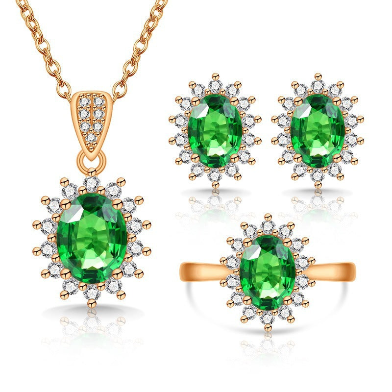 Oval facettiertes Edelstein-Halo-Pendant mit passenden Halo-Ohrringen und verstellbarem Cocktailring-Set