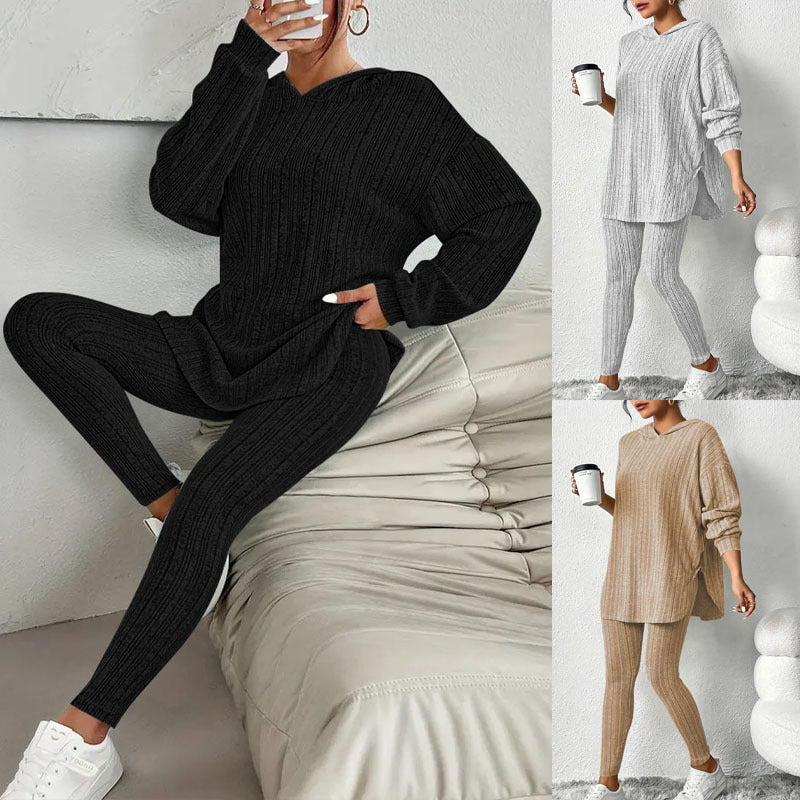 Damen Gerippter Lounge-Set aus Strick mit Oversize-Kapuzenpullover und High-Waist-Leggings Shop Nory