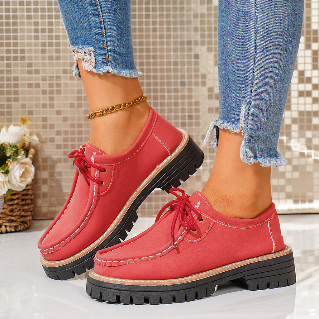 Damen modische Schnürschuhe mit robustem Profil und feinem Lederobermaterial
