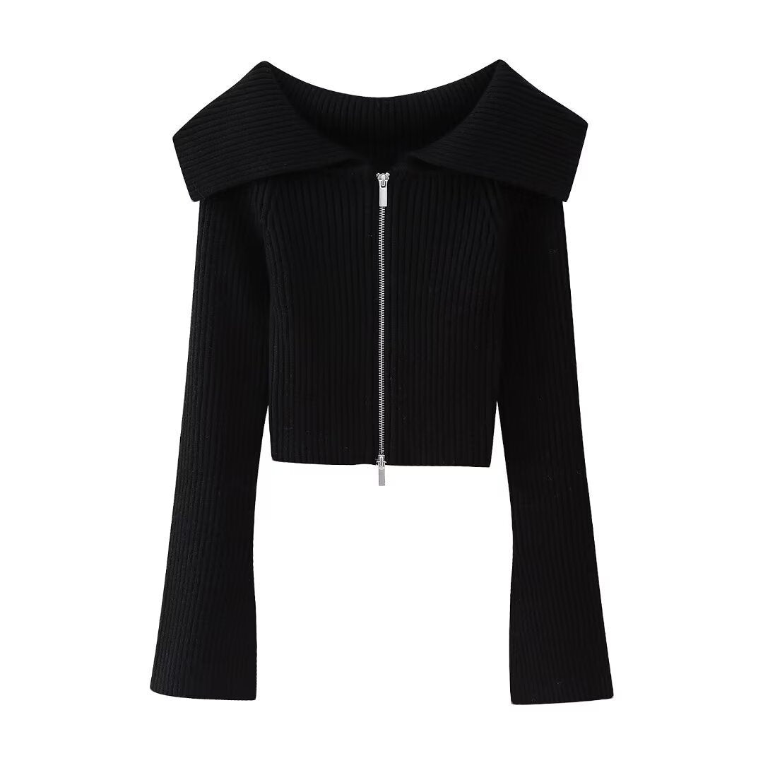 Damen Kurz geschnittene Rippenstrick-Jacke mit weitem Carmenkragen und durchgehendem Reißverschluss Shop Nory