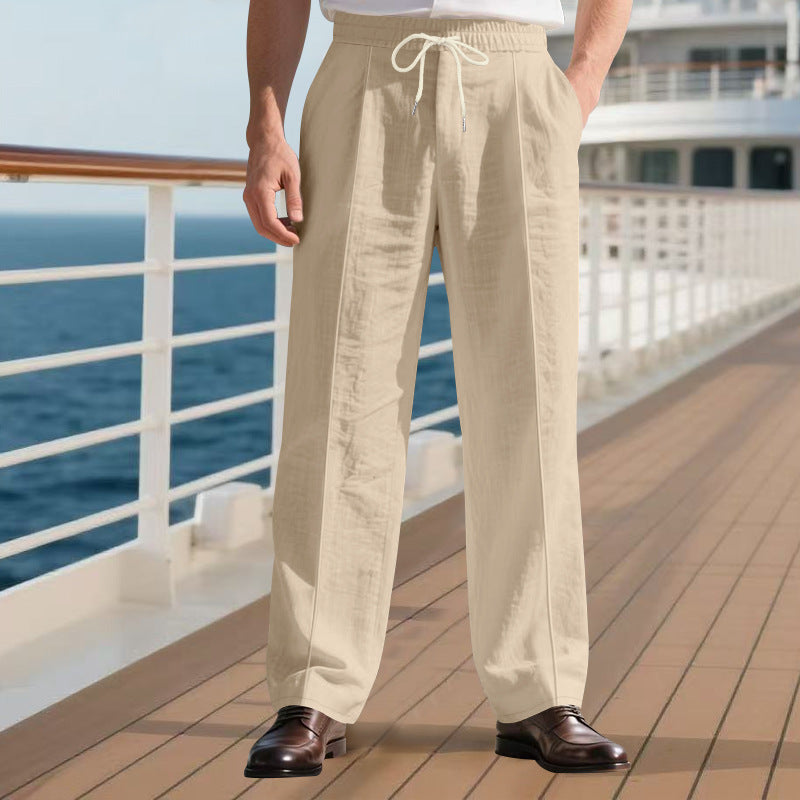 Herren nan legere Leinen-Bundfaltenhose mit elastischem Bund und Kordelzug