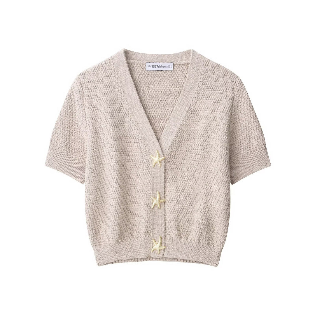 Damen Kurzärmeliger strukturierter Strick-Cardigan mit V-Ausschnitt und Seesternknöpfen Shop Nory