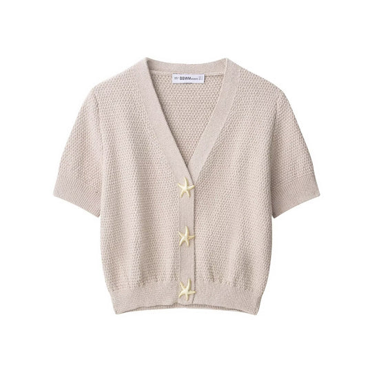 Damen Kurzärmeliger strukturierter Strick-Cardigan mit V-Ausschnitt und Seesternknöpfen Shop Nory