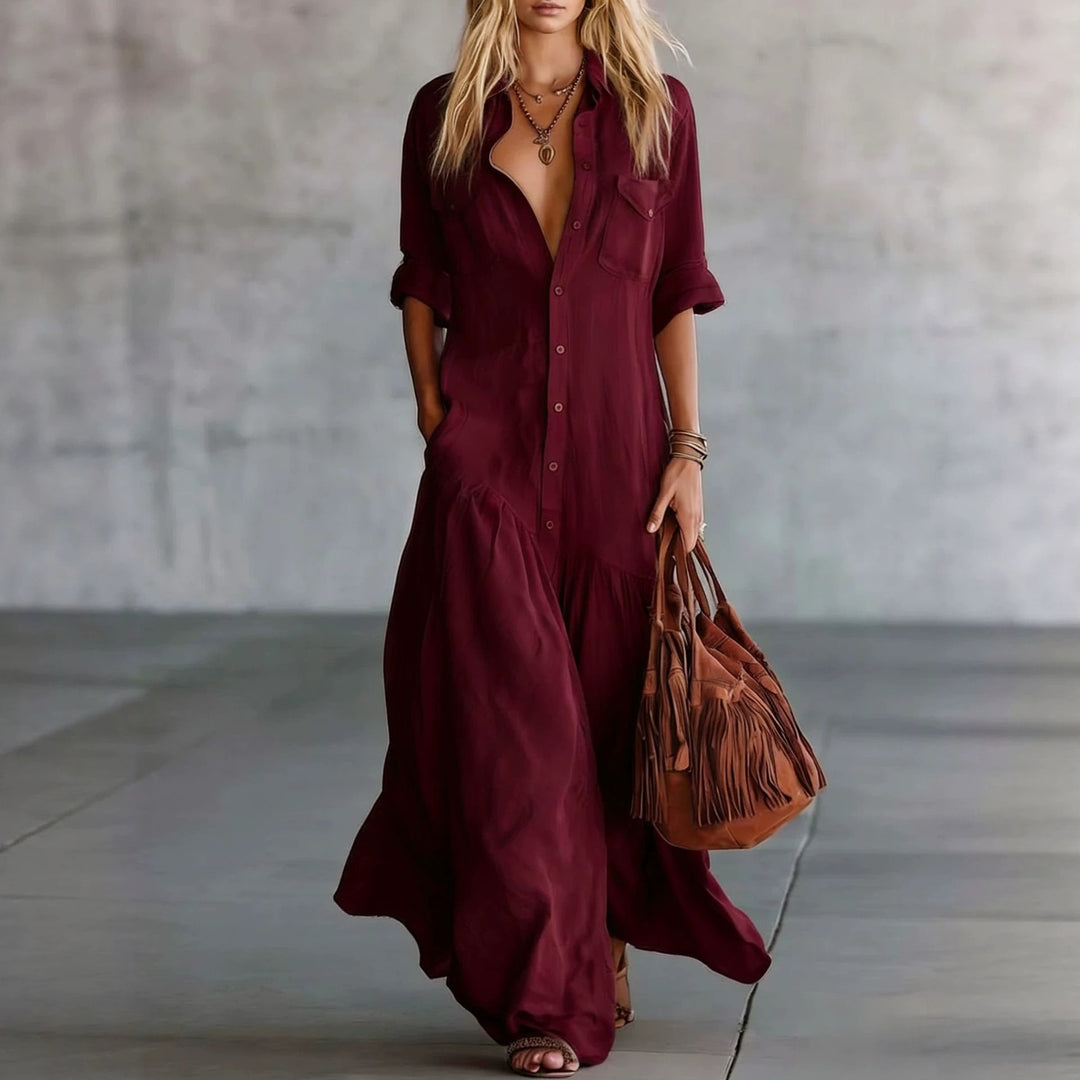 Damen Langes fließendes Hemdblusen-Maxikleid mit Knopfleiste, aufgesetzten Brusttaschen und seitlichen Eingrifftaschen Shop Nory