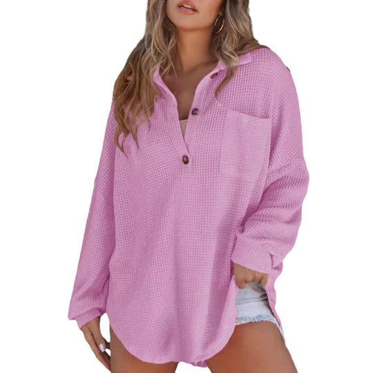 Damen Oversize Waffelstrick-Hemdbluse mit Kentkragen, Brusttasche und gerundetem Saum Shop Nory