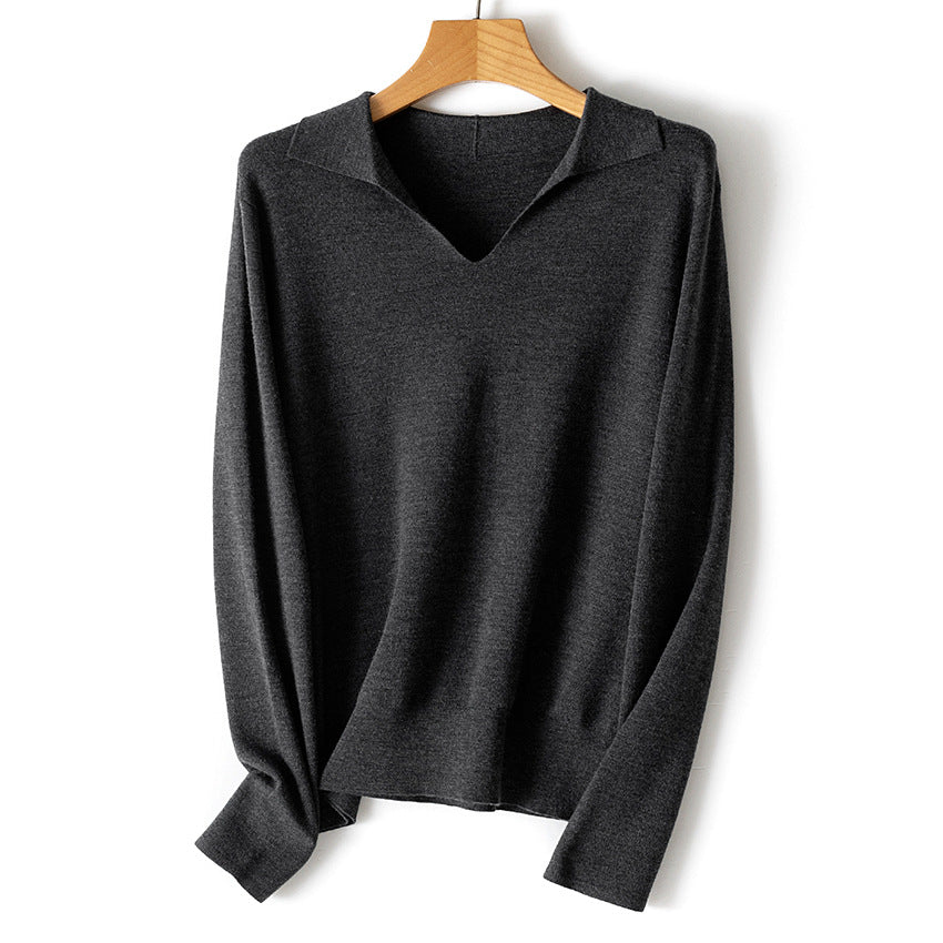 Damen feiner leichter V-Ausschnitt-Pullover mit offenem Hemdkragen und legerer Silhouette Shop Nory