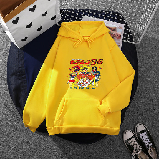 Damen nan Oversize-Kapuzenpullover mit gerautem Fleecefutter, Retro‑Anime‑Print und Kängurutasche Shop Nory