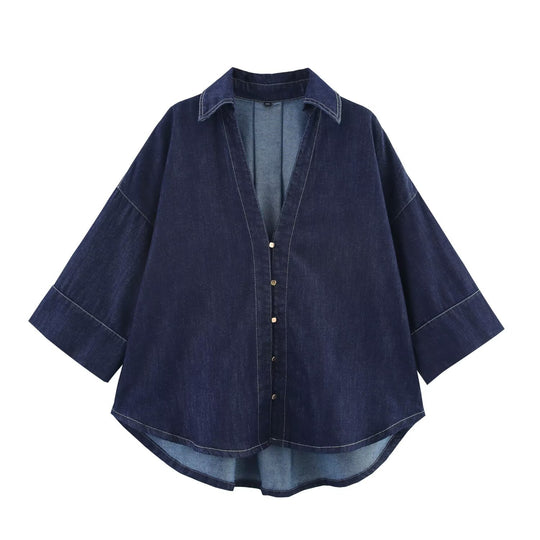 Damen Oversized Denim‑Hemdenjacke mit dreiviertel Ärmeln und High‑Low‑Saum Shop Nory